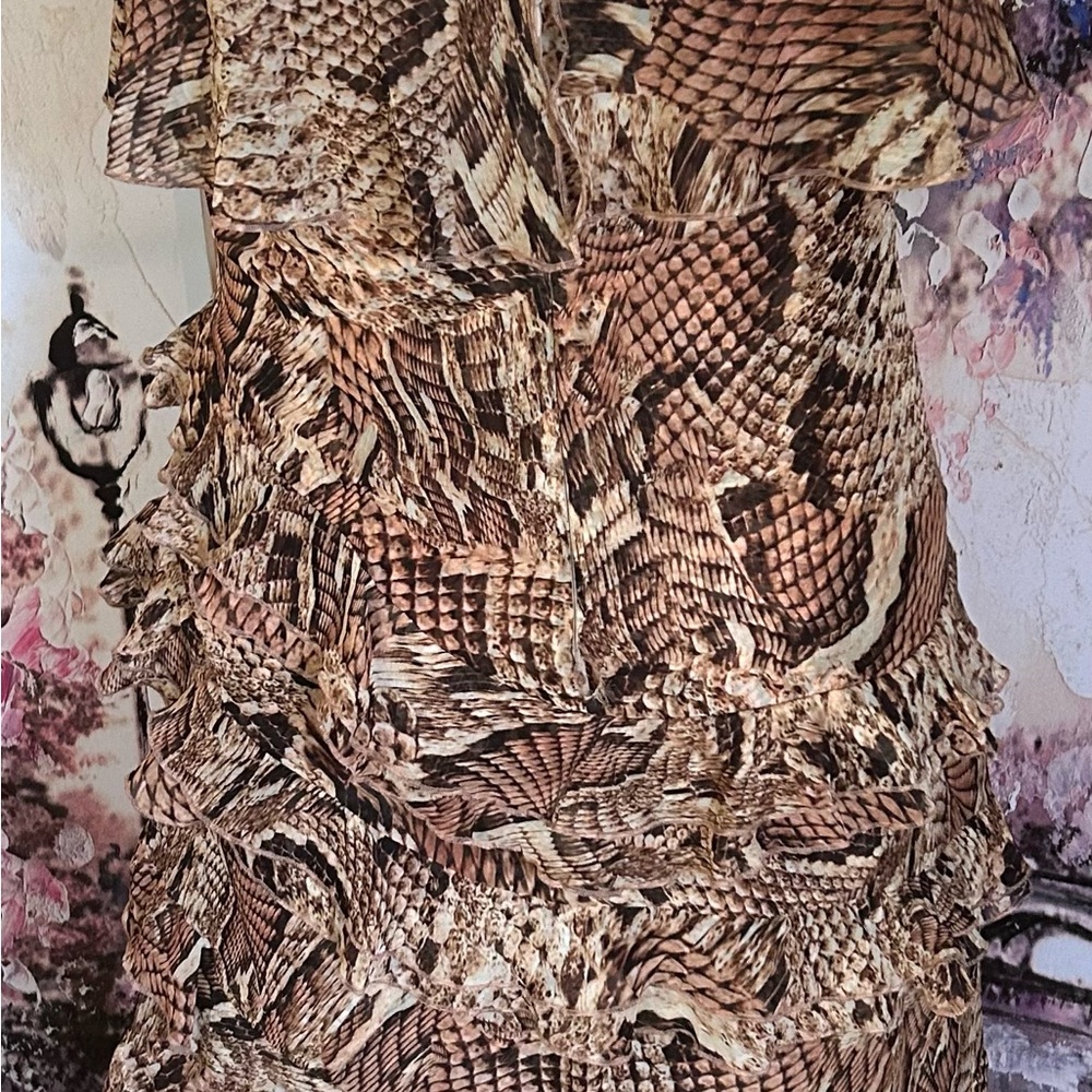 Boston Proper - High/Low Ruffled Snake Patterned Dress. Size 16. - Picture 3 of 5